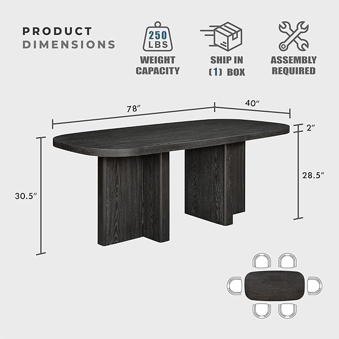 Lexicon 78 Inch Dining Table for 4-6 People, Rectangular with Textured Wood Grain Surface, Modern Ebony Finish Oak Veneer Kitchen Table for Dining Room/Kitchen, Ebony