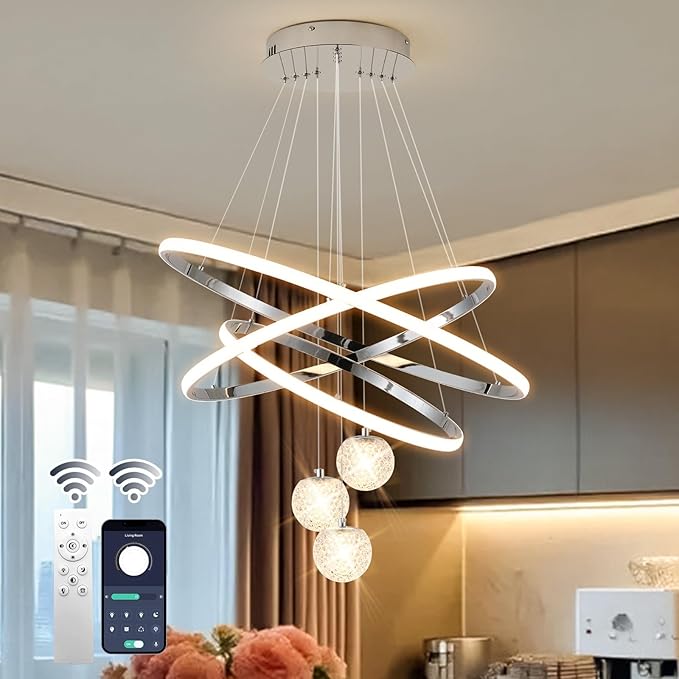 LED Modern 3 Ring Chandeliers for Dining Room, 24in Dimmable Kitchen Pendant Lamp, Silver Dining Room Light Fixtures Ceiling Hanging Over Table, Globe Round Chandeliers for Living Room, Chrome
