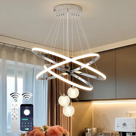 LED Modern 3 Ring Chandeliers for Dining Room, 24in Dimmable Kitchen Pendant Lamp, Silver Dining Room Light Fixtures Ceiling Hanging Over Table, Globe Round Chandeliers for Living Room, Chrome