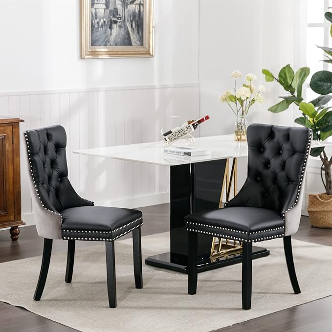 2-Pcs Set PU and Velvet Upholstered Dining Chair with Wood Legs,Nailhead Trim Modern Upholstered Side Chair W/Button Back Ring,for Sitting Room,Apartment,Black+Gray
