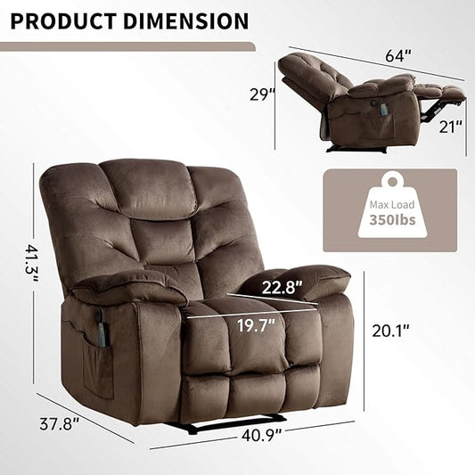 HAOMARKETS Power Recliner Chair with Massage and Heat, 41" Wide Electric Reclining Chairs with USB Port, Breathable Fabric Overstuffed Reclining Sofa for Living Room, Brown