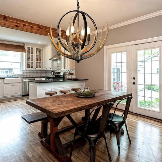 Antler Chandelier 4-Light for Dining Room, Large Deer Chandelier Fixtures with Retro Metal Globe and Resin 4 Antlers, Adjustable Farmhouse Chandeliers for Living Room Island Kitchen Bedroom Cabin