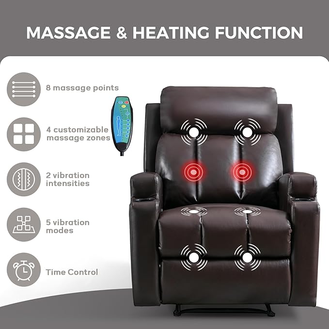 CANMOV Manual Massage Heat Recliner Chair Set of 2,Breathable Leather Recliner Chair with Armrest and Backrest, Manual Reclining Single Sofa with 2 Cup Holders, Side Pocket for Living Room,Dark Brown