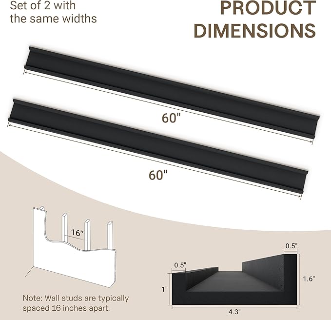 Fun Memories Long Wall Shelves Set of 2-60 Inch Floating Shelves for Wall - Picture Ledge Shelf with Lip for Storage - Wall - Mounted Shelves for Bedroom - Living Room - Kitchen - Black Color