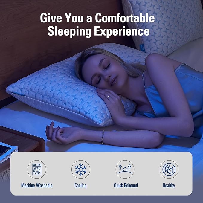 QUTOOL Firm Pillow Shredded Memory Foam, Cooling Pillow for Hot Sleeper, Adjustable Bed Pillow for Side Back Stomach Sleepers, Washable Cover, CertiPUR-US Certified, Queen Size Set of 2