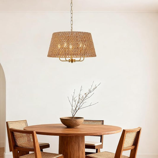 5-Lights Hand-Woven Rattan Chandelier Vintage Farmhouse Boho Bamboo Chandeliers Light Fixture Retro Drum Wicker Rattan Gold Chandelier for Dining Room, Kitchen, Living Room