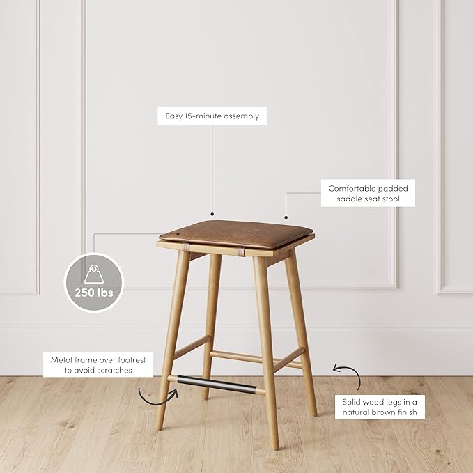 Nathan James Barker Classic Counter Height Wood Barstool with Leather Removable Cushion, Backless Island 24" Bar Stool for Kitchen, Chestnut Brown, Set of 4