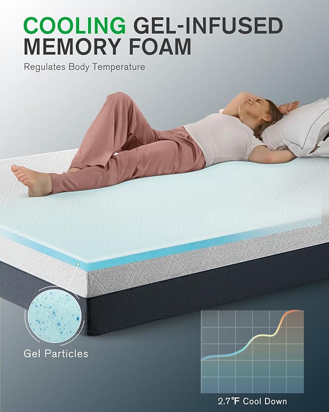 Queen Bed Mattress, 12 Inch Cooling Gel Memory Foam Mattress for Pressure Relief, Made in USA Queen Size Mattresses in a Box, Fiberglass Free, Medium Firm, CertiPUR-US Certified, Motion Isolation