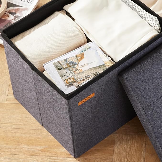 HAUSFRAU Ottoman with Storage Foot Rest Stool, Small Folding Footrest, Tufted Square Cube Seat for Living Room, Bedroom, Dorm, 12.2" x 16.5"x 12.2", Linen Grey