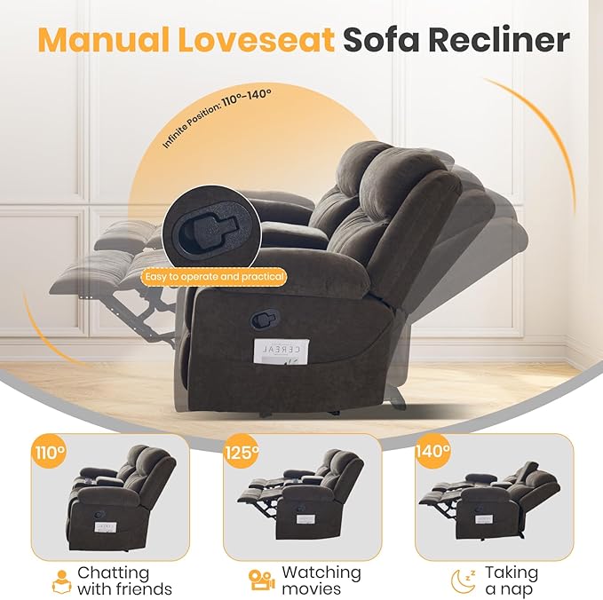 Reclining Loveseat with Console, Loveseat Recliner Sofa with Massage & Heating, RV Wall Hugger Double Loveseat Recliner Couch for Living Room & Home Theater (Chenille-Brown-2)