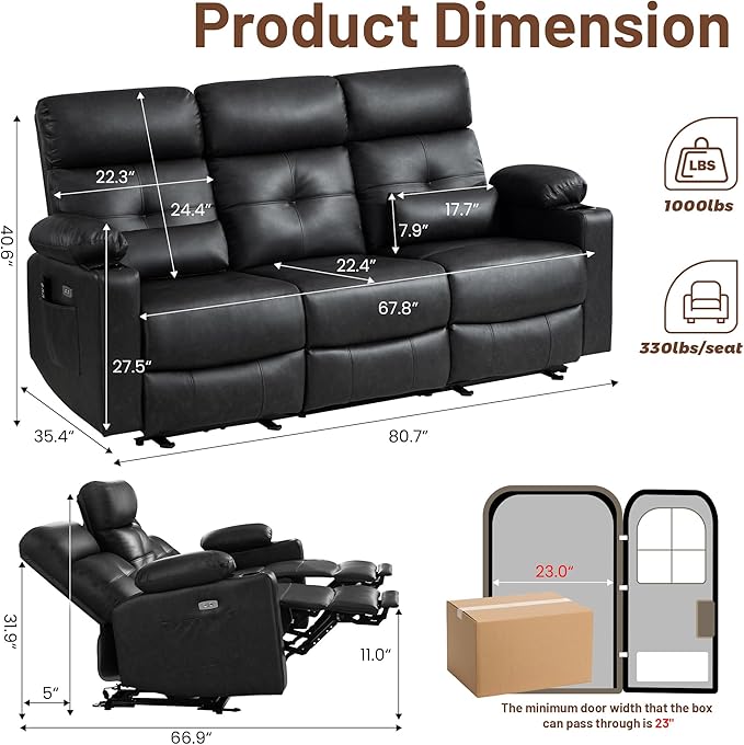 Power Reclining Sofa with Heat and Massage| RV Wall Hugger Recliner Sofa with Electric Tilt | RV 3 Seater Recliner Sofa for Living Room(Sofa Black) | 3 seater