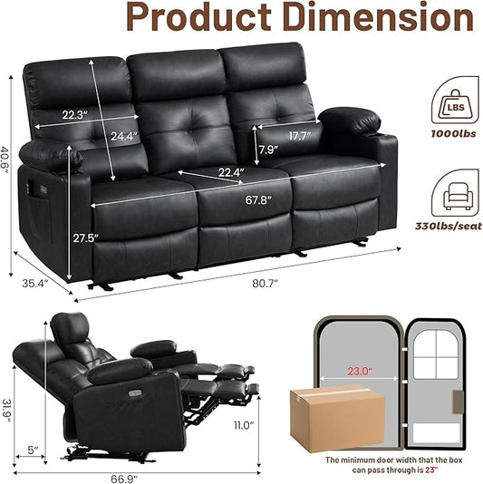 Power Reclining Sofa with Heat and Massage| RV Wall Hugger Recliner Sofa with Electric Tilt | RV 3 Seater Recliner Sofa for Living Room(Sofa Black) | 3 seater