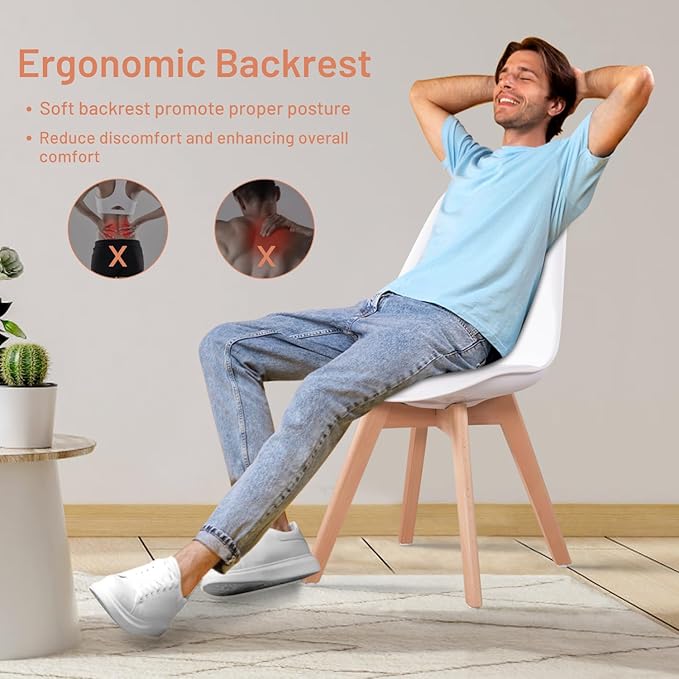 Dining Chairs Set of 6, Side Chairs Upholstered Armless Mid-Back Faux Leather Cushioned for Dining Room Kitchen Living Room, Soft Padded Seats & Solid Wood Legs, White