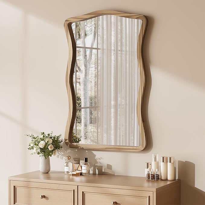 ULIKE Wavy Wall Mirror for Bathroom, 24x36 Wood Frame Mirror for Over Sink, Rustic Wall Mirrors Decorative and Vanity Mirrors for Bedroom Living Room Entryway, Brown