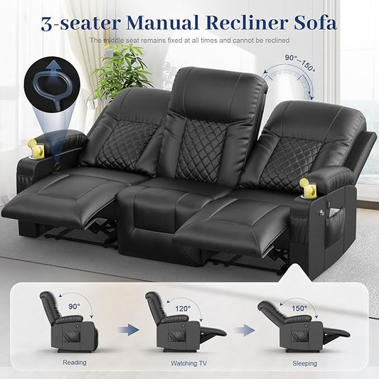 FURNIMAT Oversized Recliner Sofa Set with 3+3 Pieces in Living Room, PU Leather Loveseat Couch, Modern Recliner Chair for Living Room, with Cup Holder and 2 Cell Phone Holder, USB Ports, Black