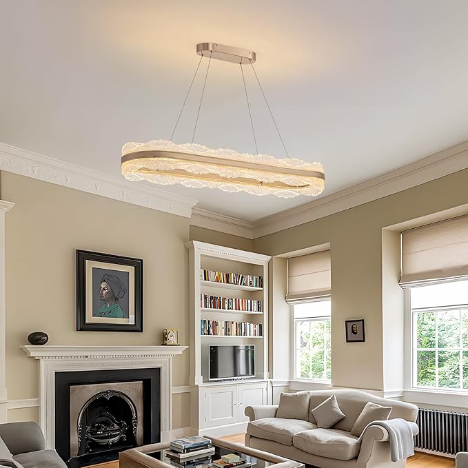 Rectangle LED Chandelier, 𝐋𝟑𝟗.𝟒" Modern Gold Chandelier Light fixture, Height Adjustable Oval chandeliers Contemporary Pendant Ceiling Light for Dining Room Living Room Kitchen Island Bar