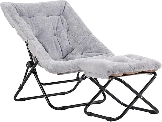 Tiita Folded Chair with Straight Ottoman, Soft Faux Fur Oversized Folding Accent Chair,Lazy Chair, Metal Frame Moon Chair for Bedroom, Living Room, Dorm Rooms, Garden and Courtyard, Grey