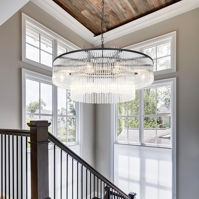 Contemporary Black Chandeliers, 2-Tier Dining Room Glass Chandelier Lighting 10 Lights Round Chandelier for Living Room Foyer Entryway Ceiling Hanging Pendant Light Fixture 32"
