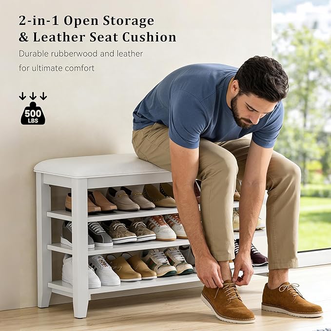 Shoe Bench Storage Rubberwood with Leather Cushion for Entryway Bench Ideal for Hallways Shoe Rack Front Doors Entrances Mudrooms Featuring 3 Height-Adjustable and Removable Shelves