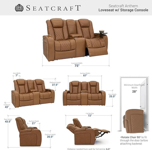 Seatcraft Anthem Italian Leather Loveseat w/Storage Console, Living Room, Power Headrest, Power Recline, Tan Oak