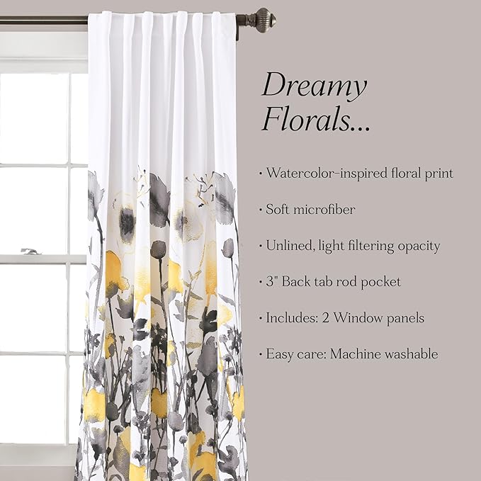 Lush Decor, 84” x 52”, Yellow and Gray Zuri Flora Curtains Light Filtering Window Panel Set for Living, Dining, Bedroom (Pair)