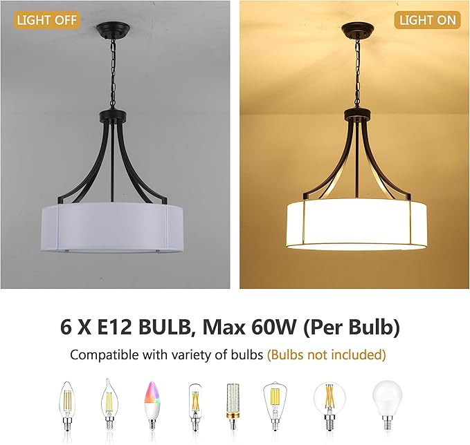 20" Modern Black Farmhouse Drum Chandeliers for Dining Room, 6-Light Rustic Drum Pendant Light with White Fabric Shade, Hanging Light Fixture for Living Room Bedroom Foyer Kitchen Island Entryway