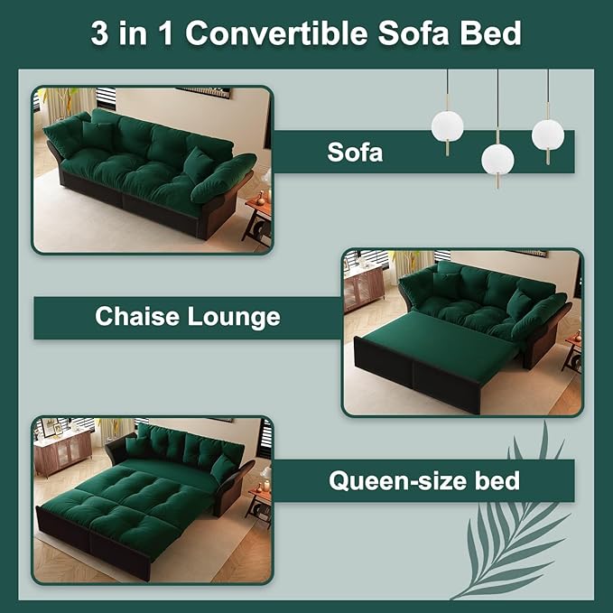 74.8" Oversized Convertible Pull Out Sofa Bed Queen Size, 3 in 1 Multi-Functional Velvet Upholstered Cloud Loveseat Futon Couch Lounge Chaise Pullout Sofabed w/Tufted Cushions