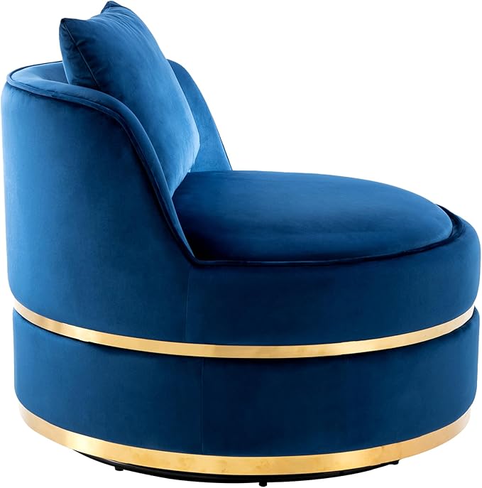 Merax 360° Swivel Accent Chair 32.6" Velvet Modern Upholstered Barrel Chair Comfy Soft Round Reading Sofa Chair with Seat Cushion for Living Room, Bedroom, Office, Apartment (Blue)