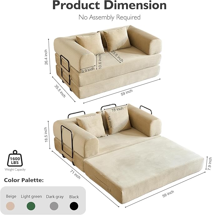 59in Convertible Sofa Bed, Corduroy Boneless Couch Bed, Futon Sleeper Sofa Pull Out Bed, Foldable Couch for Living Room Apartment, No Assembly Required