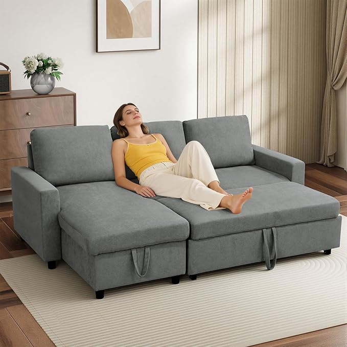 Yafylly L-Shaped Sleeper Sofa with Chaise Lounge & Storage, Pull-Out Couch Bed with Recliner, Full Size Futon for Living Room, Office, Apartment Dark Grey