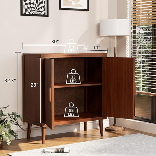 COSIEST 30" W Storage Cabinet with Doors and Shelves, Mid-Century Cabinet with Adjustable Shelf, Accent Sideboard for Kitchen, Dining Room, Living Room, or Hallway (Brown, Line Pattern)