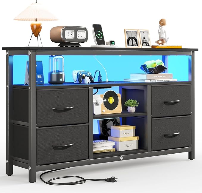 Haewon Black TV Stand with LED Lights and Power Outlets, Entertainment Center for 55 inch TV, Media Console Table with 4 Fabric Drawers and Open Shelf for Living Room, Wood Top and Metal Frame