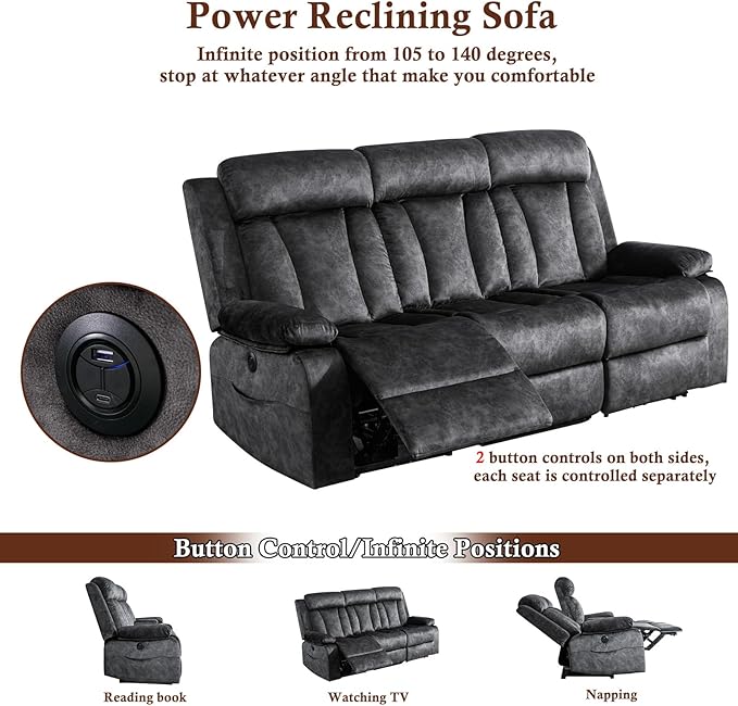 GUEAPY Power Recliner Sofa and Loveseat Set, 2 Piece Reclining Couch Set for Living Room, Office or Home Theater, Electric Reclining Sofa Set with Padded Seats and Cup Holders (Grey, Loveseat + Sofa)