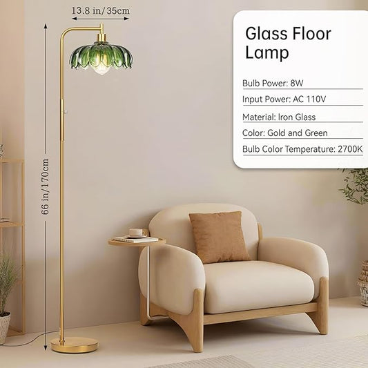 Glass Floor Lamp for Living Room, Dimmer Standing Lamp with Green Lampshade,66” Tall Lamp & Gold Floor Lamp for Bedroom Study Room,Brushed Gold LED Bulb Included (Flower Green Glass Shade)