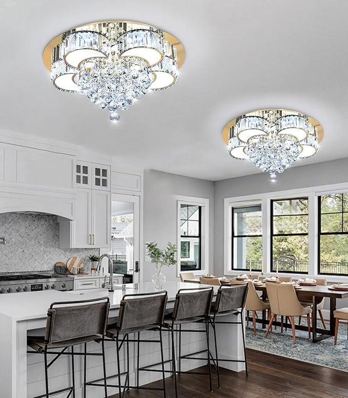 23.6'' Gold Modern Crystal Chandeliers for Dining Room LED Dimmable Light Fixtures Flush Mount Light Living Room Bedrooms