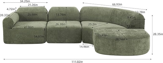 Merax Modern Curved Sectional Sofa with Ottoman, Couch 4-Piece Set High-Density Compressed Sponge, Fully Assembled, Right Hand Facing, Plush Deep Seat for Living Room, Lounge, Apartment, Green