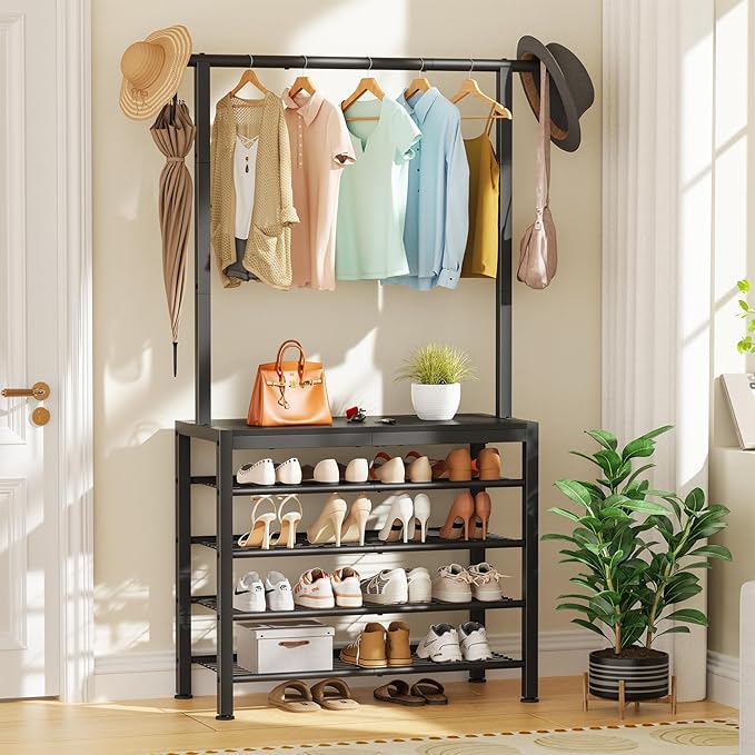 Hall Tree, Entryway Shoe Rack with Coat Rack, 5 Tier Adjustable Shoe Storage with 45.7" Long Coat Rack for Front Door, Garage, Closet, Freestanding, Industrial, Ink Black