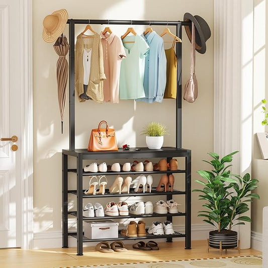 Hall Tree, Entryway Shoe Rack with Coat Rack, 5 Tier Adjustable Shoe Storage with 45.7" Long Coat Rack for Front Door, Garage, Closet, Freestanding, Industrial, Ink Black