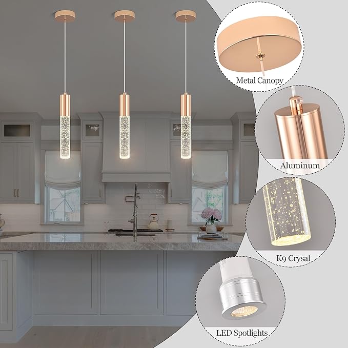 3-Pack Modern Crystal Pendant Light for Kitchen Island, Elegant Gold LED Bubble Hanging Chandelier Lighting Fixture for Dining Room Bedside