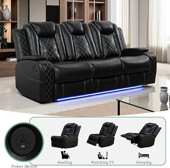 Living Room Furniture Sets, Power Reclining Sofa Set, Black Breathing Leather Power Sectional Reclining Sofa Couch with 2 Recliner Seats/Cup Holders/Storage Console/LED Light for Living Room
