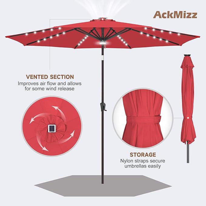 10ft Solar Umbrella Outdoor - Lighted Solar Patio Umbrella with 40 LED Lights Waterprool UV Protection, Table Umbrella with Tilt for Pool, Porch, Garden, Deck, Backyard (Red)