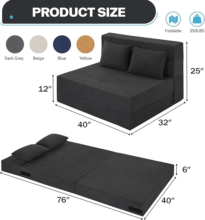 Fvkind Folding Sofa Bed, 4 in 1 Convertible Sleeper Sofa Bed Chair with Pillow, Twin Memory Foam Loveseat Futon Sleeper Chair, Foldable Futon Couch for Living Room, Bedroom, Guest Room, Dark Grey
