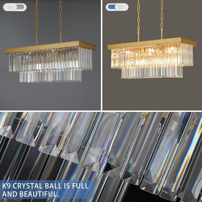 Crystal Chandeliers for Dining Room Light Fixtures Over Table，9-Lights Gold Modern Rectangle Chandeliers for Kitchen Island Bar L28 Inch