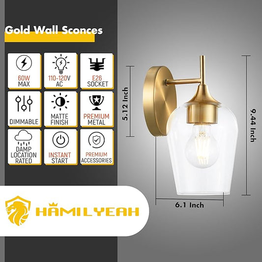 Hamilyeah Gold Sconces Wall Lighting Set of 2, Bathroom Wall Lighting Fixtures Brass, Modern and Vintage Wall Lights with Clear Champagne Glass Shade for Bedroom,Fireplace,Hallway,Kitchen
