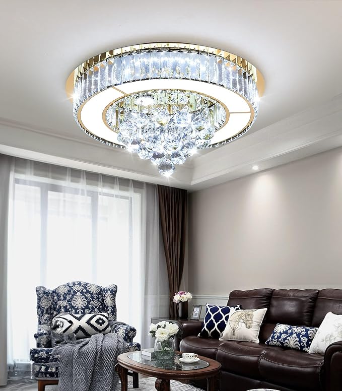 19.6'' Gold Modern Crystal Chandeliers for Dining Room LED Dimmable Light Fixtures Flush Mount Light Living Room Bedrooms