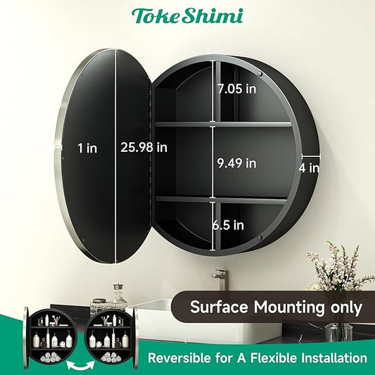 TokeShimi 26 x 26 Round Medicine Cabinet with Mirror, Brushed Nickel Circular Bathroom Medicine Cabinet with Stainless Steel Metal Frame, Detachable Shelves, Shatterproof, Wall Mounted Only