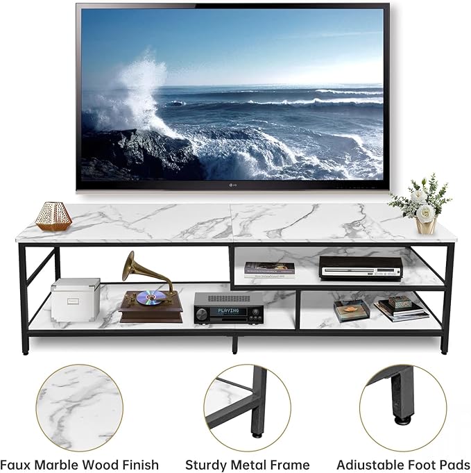 AT-VALY TV Stand for 55-75 inch TVs, Metal&MDF TV Stand with 3-Tier Storage Shelves for Living Room, Entertainment Center with Storage Cabinets (Black)