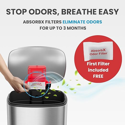 iTouchless SoftStep 13.2 Gallon Step Kitchen Trash Can with Lid and Odor Filter, 50 Liter Trashcan for Home Office Garage Bedroom Bathroom Living Room Silent Lid Close Stainless Steel Slim Wastebasket