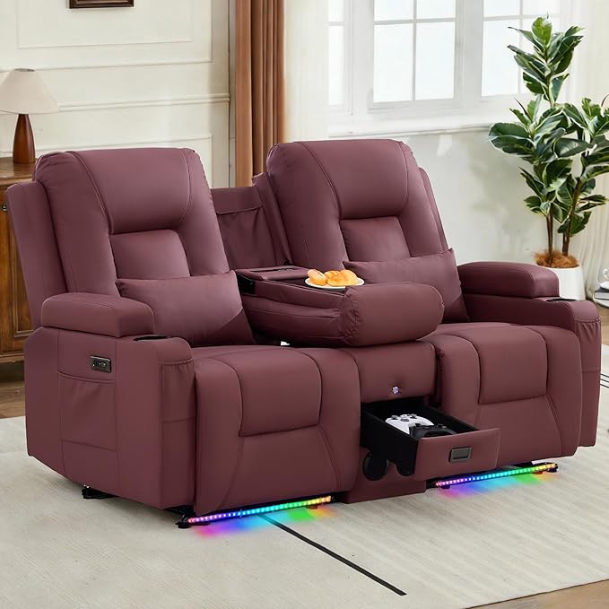 URRED Power Loveseat Recliner Sofa with Console, Wall Hugger Reclining Loveseat RV Couch with LED Light, 150° Zero Gravity Recliners Modular Couches for Living Room (Red, 68.1'' - 2 Seats)