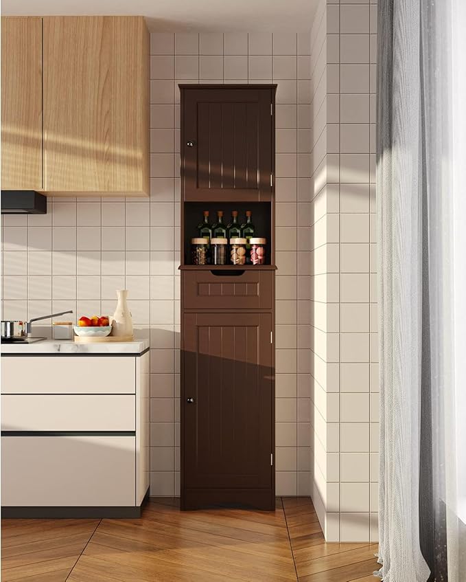 Gizoon 67" H Tall Bathroom Cabinet, Storage Cabinet with 2 Doors & Drawer, Narrow Linen Tower Freestanding Adjustable Shelves for Home, Kitchen, Versatile, Anti-Tipping, Dark Brown | Tall, 2 Doors, Drawer, Narrow, Freestanding, Adjustable Shelves